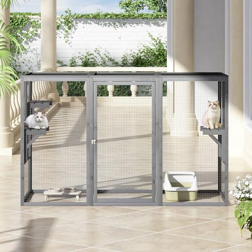 Outdoor Cat Enclosure with Platforms and Litter Box, Grey C6248