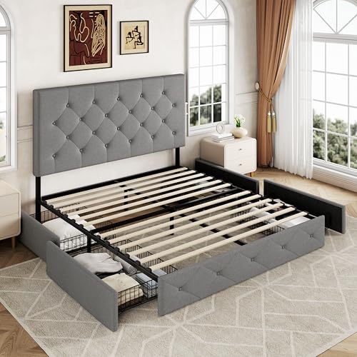 Upholstered Queen Platform Bed Frame with 4 Storage Drawers and Headboard G724955