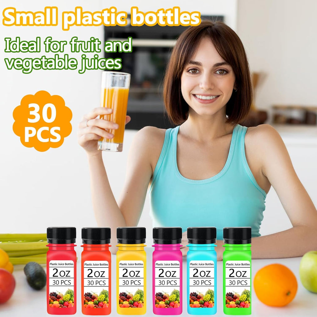 30 Small Plastic Shot Bottles with Caps and 10 Funnels D255429