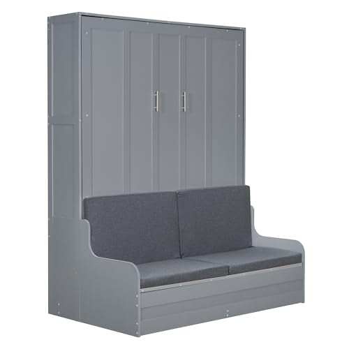Murphy Bed Queen Size with Cushion, Foldable Sofa Bed Frame with Slat Support, White C2974