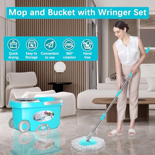 Spin Mop and Bucket with Wringer Set for Home, 360 Spinning Mopping Tool with 4 Microfiber Refills, 61" Handle I5371