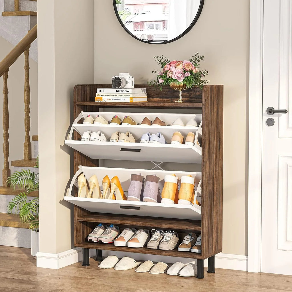 Shoe Cabinet, 2-Tier Entryway Shoe Organizer with Flip Doors and Open Shelves G295