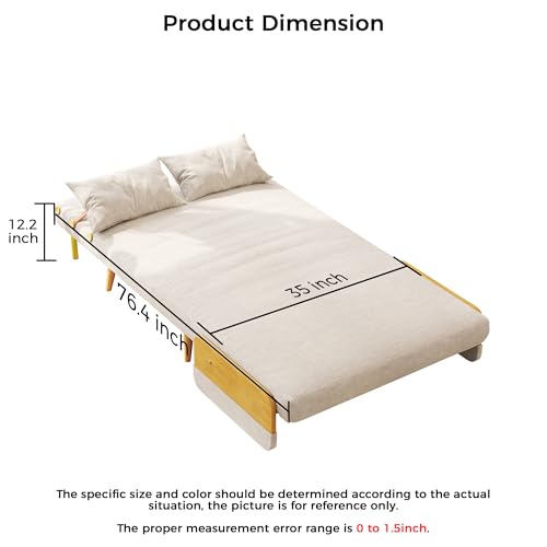 Convertible Chair Bed Sleeper for Adults, Linen with Wooden Arms & Pillows, Foldable Single Futon Sofa Bed Q683821