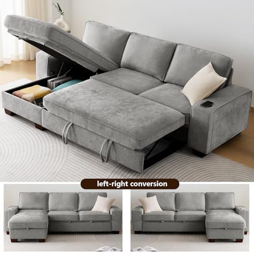 Convertible Sleeper Sofa Bed L Shaped with Storage Chaise, Gray N77725