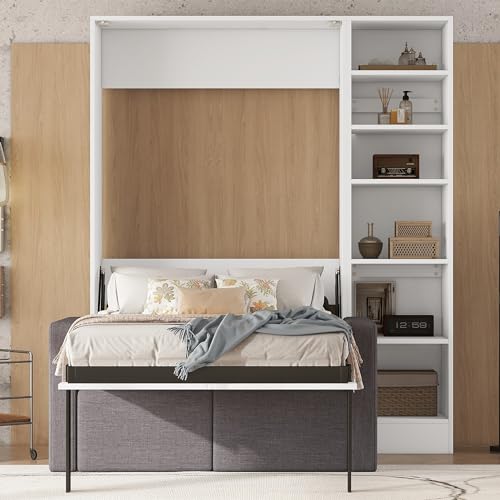 Murphy Bed Queen Size with Cushion, Foldable Sofa Bed Frame with Slat Support, White C2974