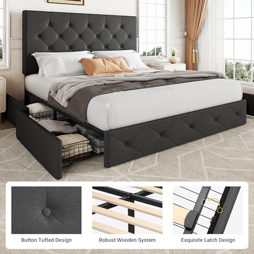 Upholstered Queen Platform Bed Frame with 4 Storage Drawers and Headboard G724955