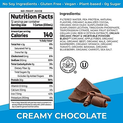 Organic Vegan Protein Shake, Creamy Chocolate, 20g Plant Based Protein, 11 Fl Oz (Pack of 12) D414668