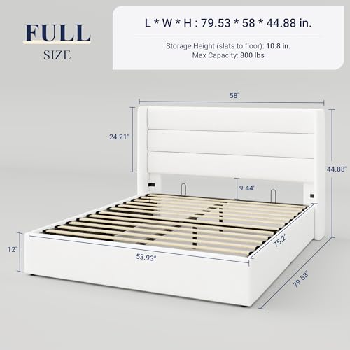 Full Size Lift Up Storage Bed with Wingback Headboard, Hydraulic Support, Light Beige P736605
