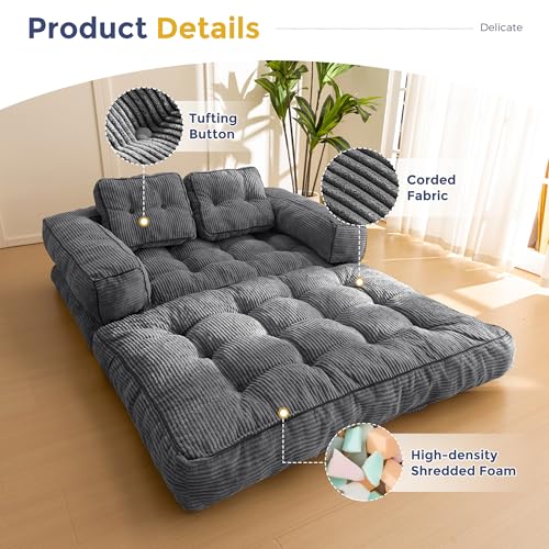 Folding Sofa Bed, L-Shaped Convertible Sleeper Couch with Armrest and Pillow, Dark Grey M375676