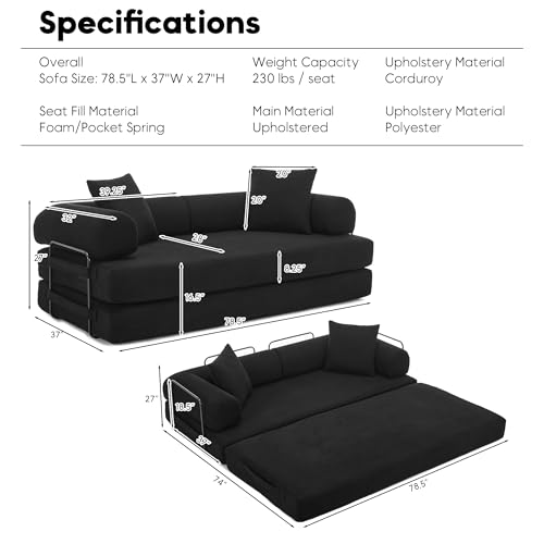 Corduroy Convertible Sleeper Sofa Bed with Pillow, Beige O72530