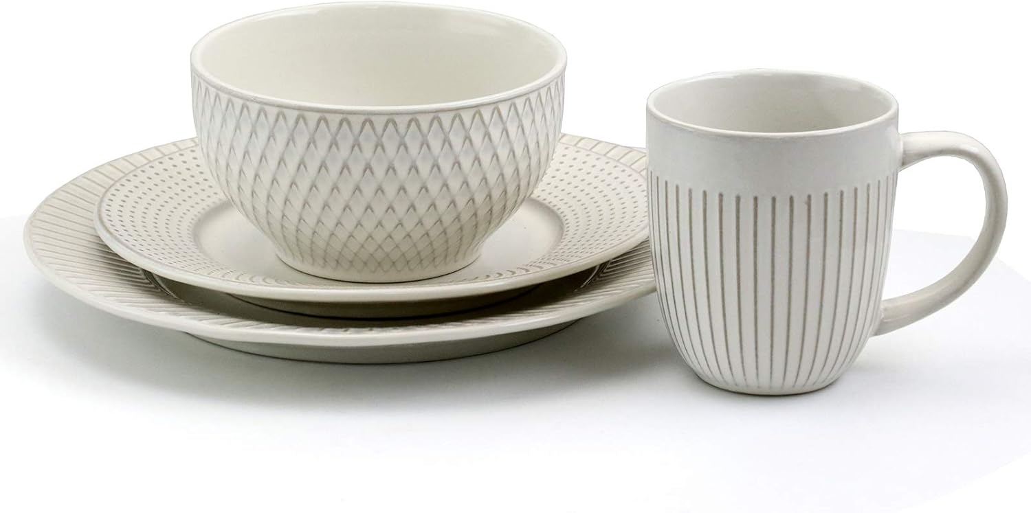 Contemporary Round Stoneware Dinnerware Set, 16 Piece, White Z3526