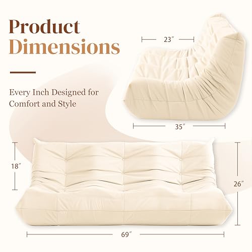 Bean Bag Chair for Adults, Suede & Microfiber Corner Lounge Sofa, 3-Seater, Beige F9802
