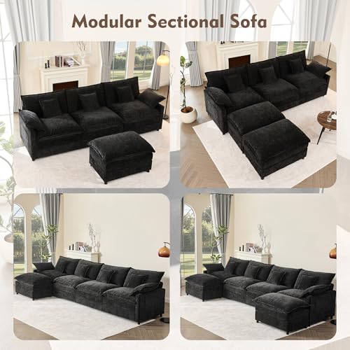 U Shaped Modular Sectional Sofa with Ottoman, Chenille, Black Z16537