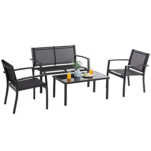 Patio Furniture Set with Glass Coffee Table, 4 Pieces, Black Q940