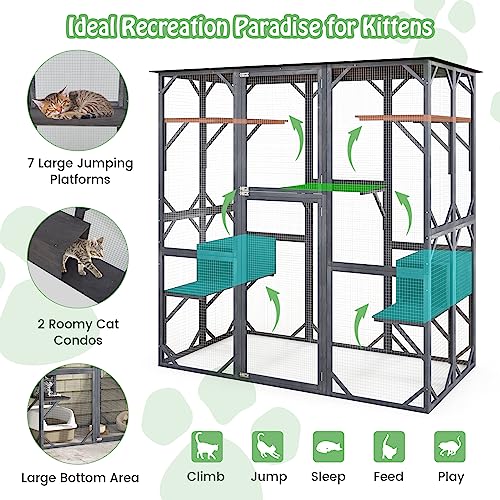 Outdoor Cat Enclosure with Wooden House and Wheels U3259