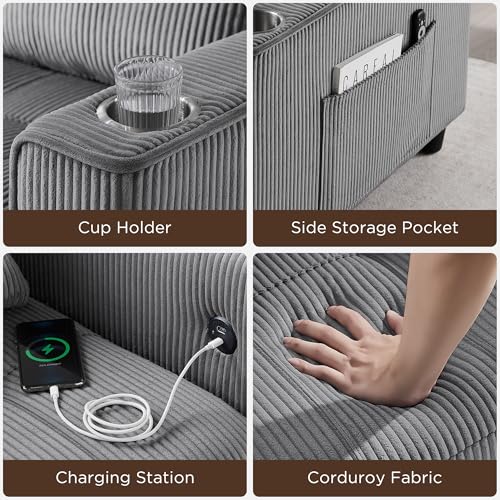 3 in 1 Convertible Sleeper Sofa Bed, Corduroy Pull Out Futon Couch with Charging Station & Cup Holder, Folding Loveseat Sofa Bed with Side Pocket, Light Grey W412