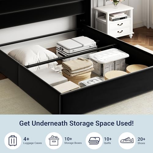 Full Size Lift Up Storage Bed with Wingback Headboard, Hydraulic Support, Light Beige P736605