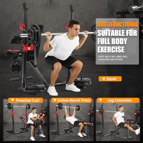 Weight Bench Set with Barbell and Squat Rack, Heavy Duty Adjustable for Home Gym B716371