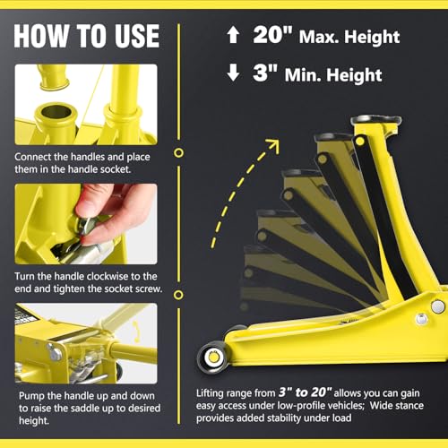 Floor Jack 3 Ton Capacity, Low Profile Heavy Duty Hydraulic Car Jack, Lifting Range 3"-20" O821
