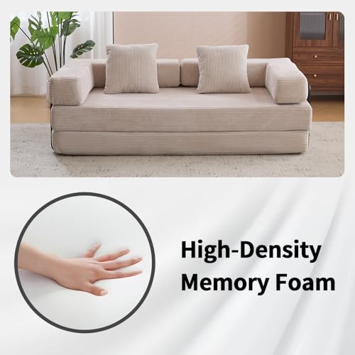 Corduroy Convertible Sleeper Sofa Bed with Pillow, Beige O72530