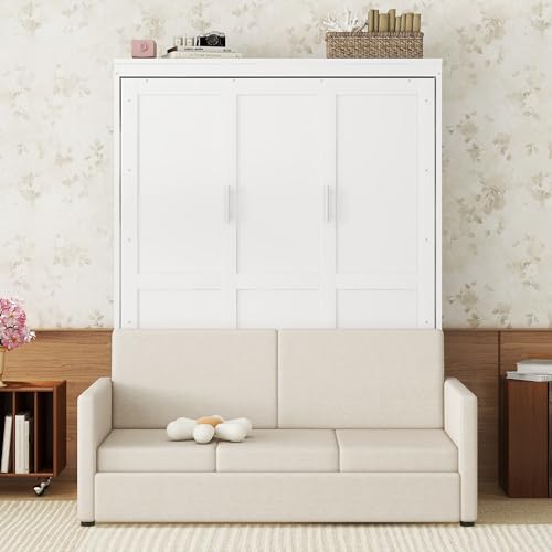 Murphy Bed Queen Size with Cushion, Foldable Sofa Bed Frame with Slat Support, White C2974