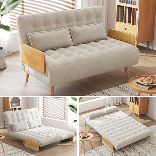 Convertible Chair Bed Sleeper for Adults, Linen with Wooden Arms & Pillows, Foldable Single Futon Sofa Bed Q683821