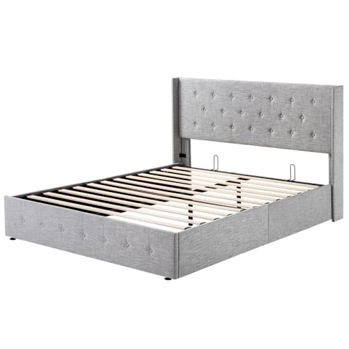 Full Size Lift Up Storage Bed with Wingback Headboard, Hydraulic Support, Light Beige P736605