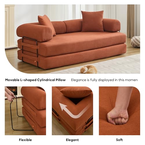 Corduroy Convertible Sleeper Sofa Bed with Pillow, Beige O72530