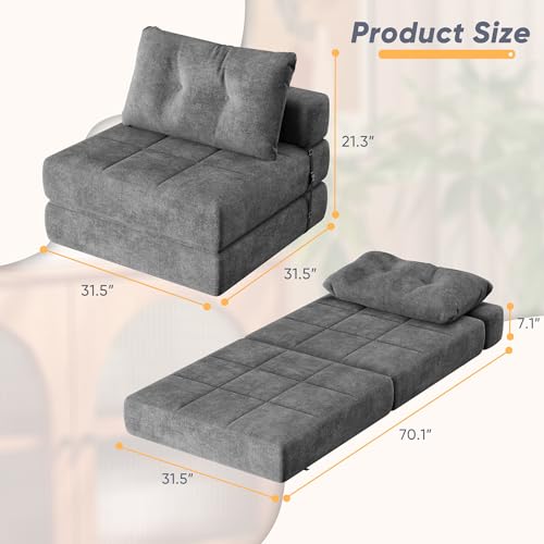 Folding Sofa Bed with Headrest and Lumbar Pillow, Chenille Fabric Chair Bed Y9814
