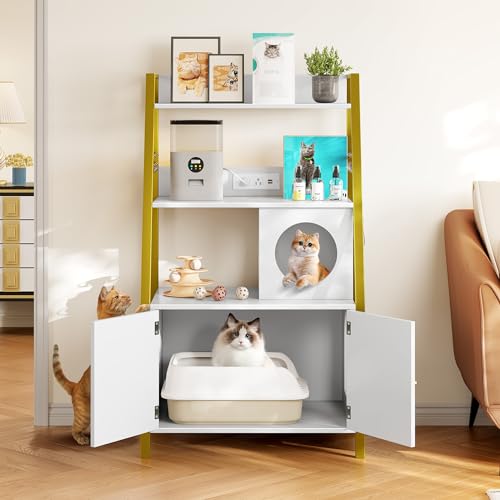 Cat Litter Box Enclosure with Shelves and Charging Station, Wooden Cabinet, Gold White Q367997