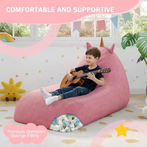 Unicorn Bean Bag Chair for Kids with Filler, Corduroy Floor Lounger, Pink W9694