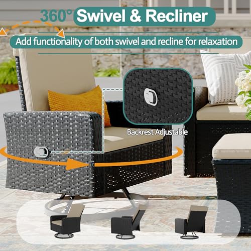 Wicker Patio Furniture Set with Swivel Recline Chairs and Storage Ottoman B707