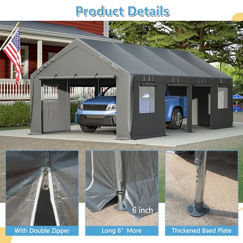 Carport 20x12ft Portable Garage Canopy with Roll-up Windows and Removable Sidewalls D71400