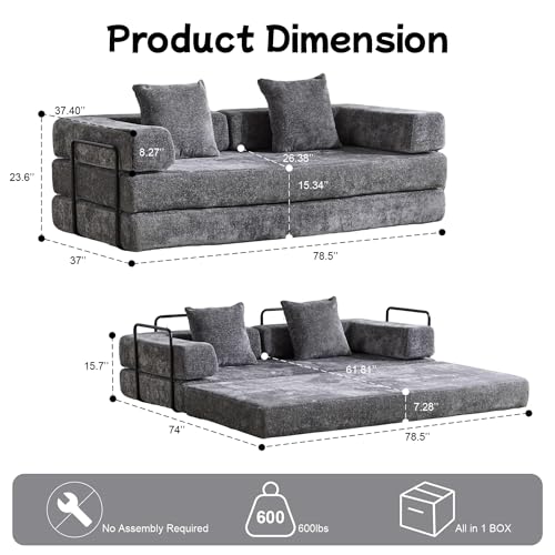 Foldable Floor Sofa Bed with Pillow Back and Armrest, Dark Gray S29408