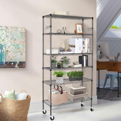 Heavy Duty 6-Tier Storage Shelves with Wheels, Adjustable Metal Wire Rack E412