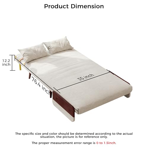 Convertible Chair Bed Sleeper for Adults, Linen with Wooden Arms & Pillows, Foldable Single Futon Sofa Bed Q683821