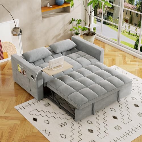 Convertible Sofa Bed, 3 in 1 Velvet Sleeper with Adjustable Backrest, Gray K13376