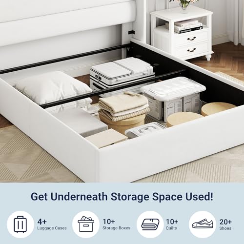 Full Size Lift Up Storage Bed with Wingback Headboard, Hydraulic Support, Light Beige P736605