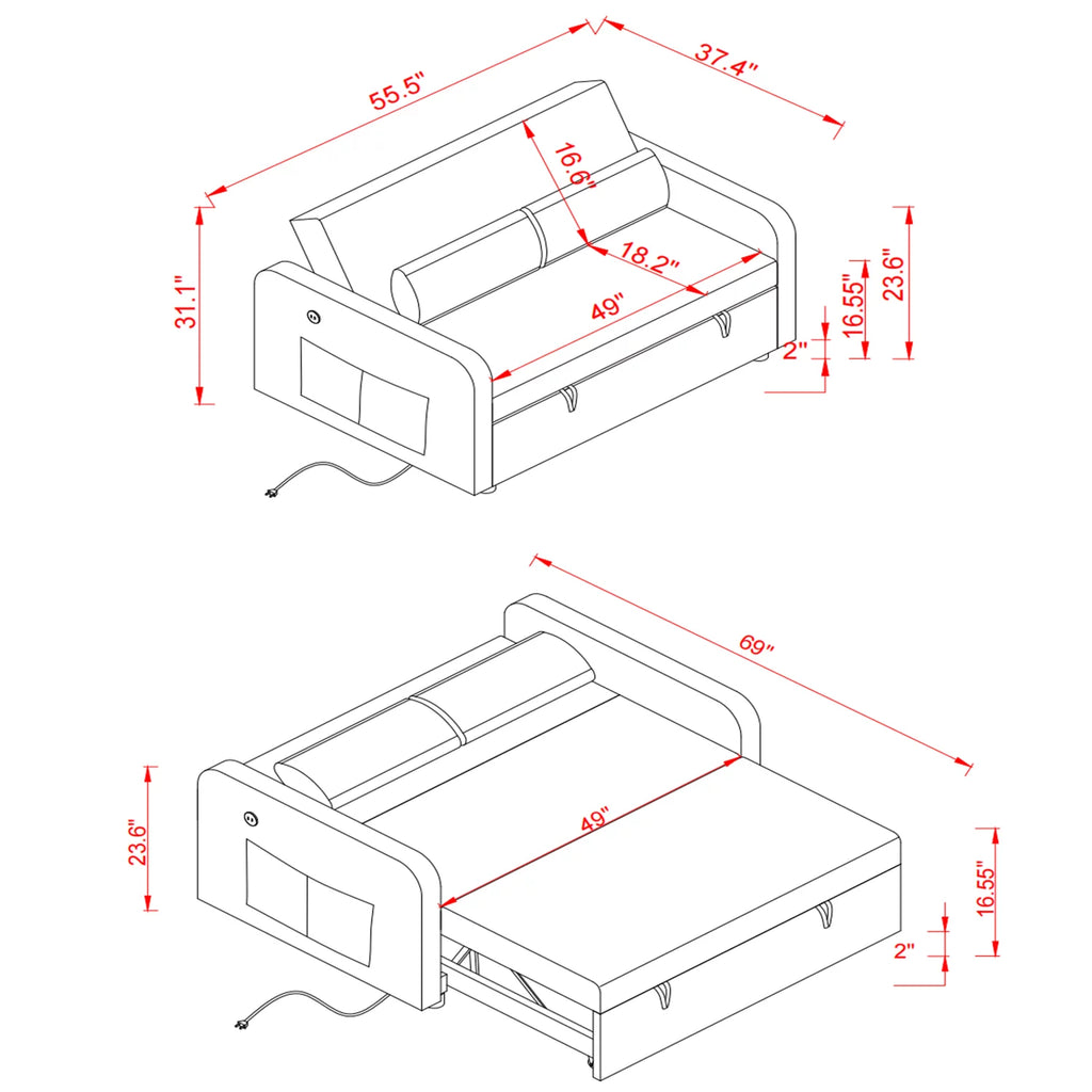 Velvet Convertible Loveseat Sleeper Sofa Bed with USB, 2 Seater Couch H870395