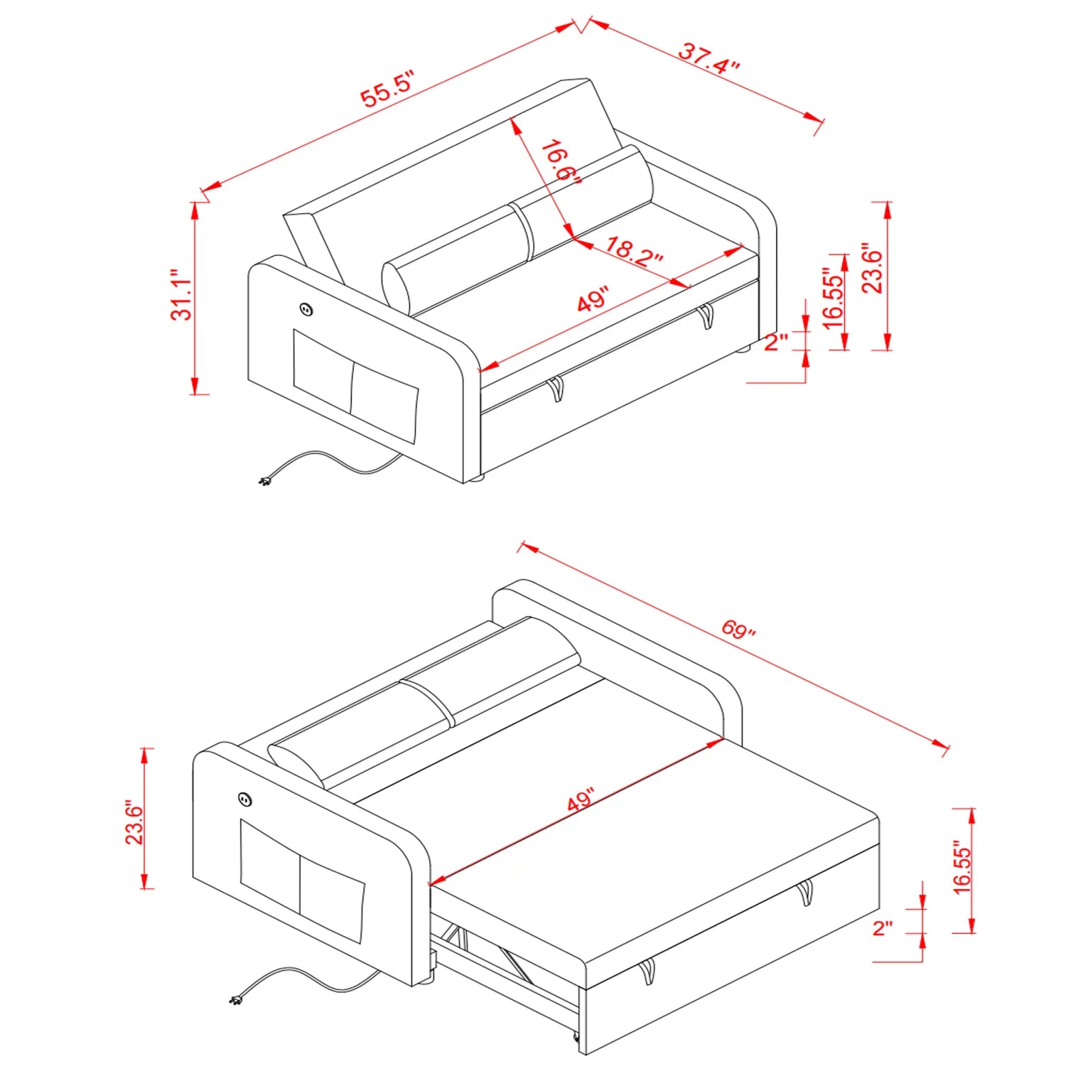 Velvet Convertible Loveseat Sleeper Sofa Bed with USB, 2 Seater Couch H870395