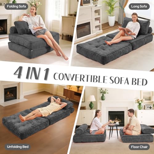 Folding Sofa Bed with Dual Pillow and Handle, Convertible Sleeper Chair, Black M821