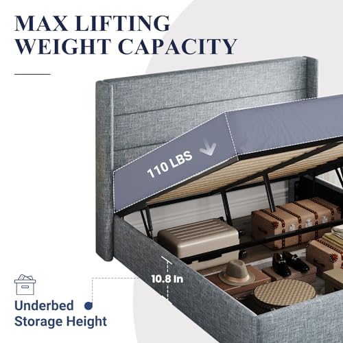 Full Size Lift Up Storage Bed with Wingback Headboard, Hydraulic Support, Light Beige P736605