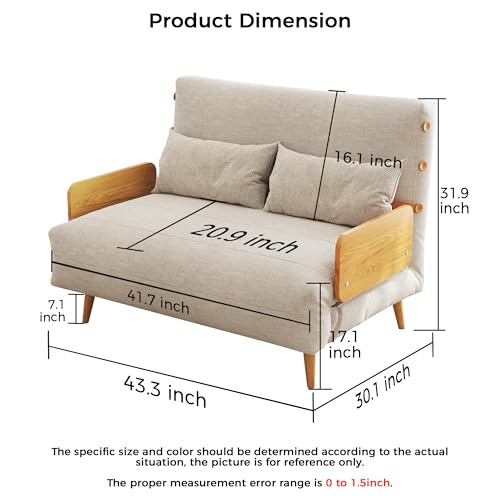 Convertible Chair Bed Sleeper for Adults, Linen with Wooden Arms & Pillows, Foldable Single Futon Sofa Bed Q683821