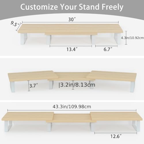 Dual Monitor Stand with Adjustable Length and Angle, Wood Desktop Organizer L351