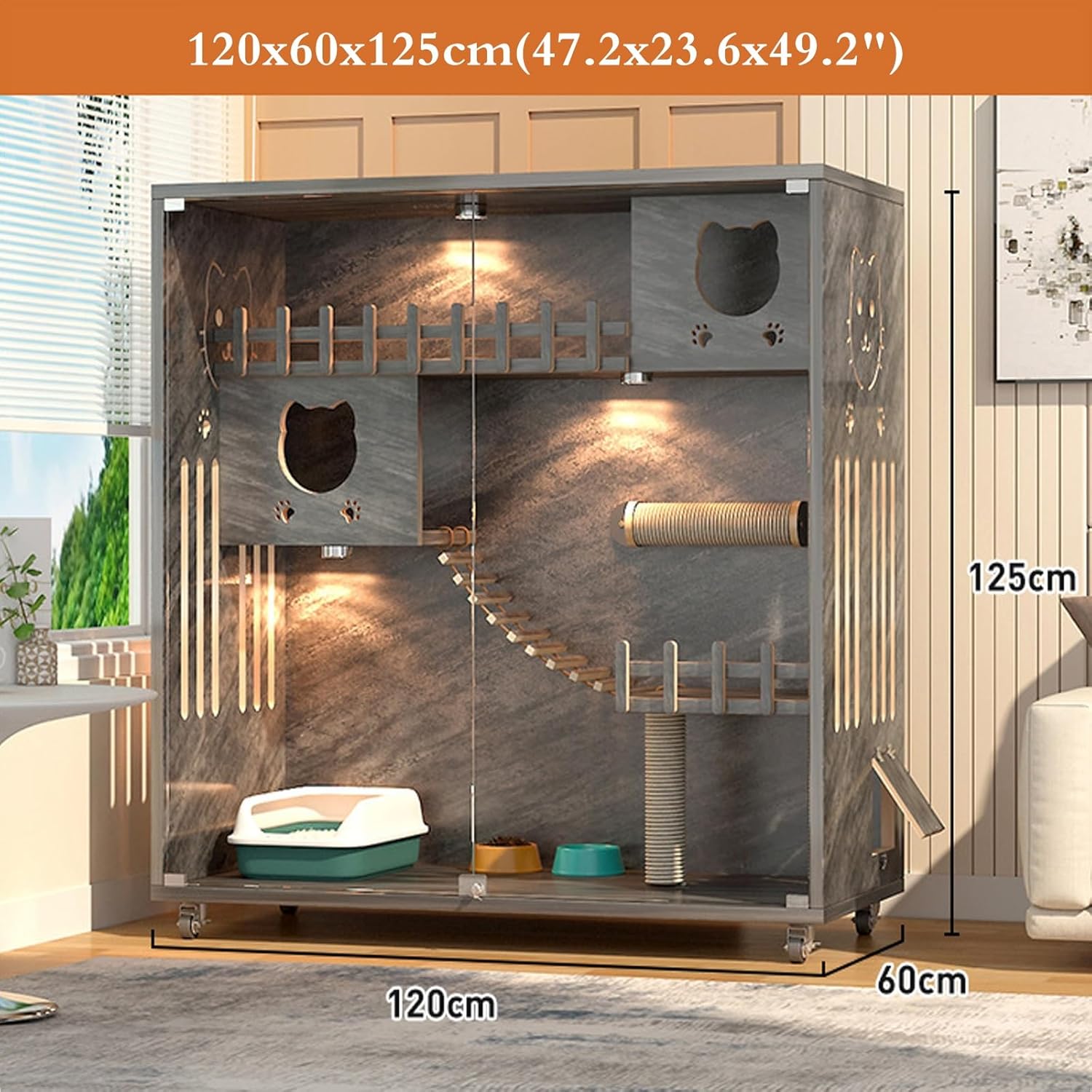 Large Cat Cage Indoor Catio with Scratching Post and Glass Doors C43328