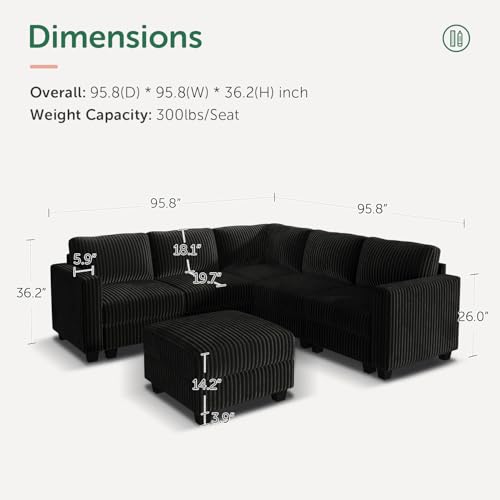 Corduroy Modular Sectional Couch with Storage, L-Shaped, 6 Seater, Dark Gray X823135