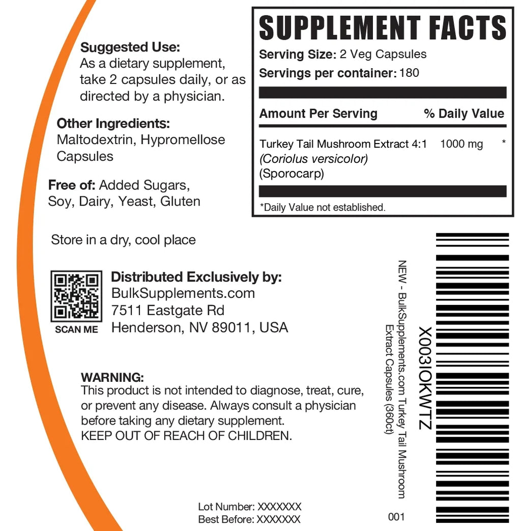 Turkey Tail Mushroom Capsules, 1000mg, Vegan, 360 Count L5929