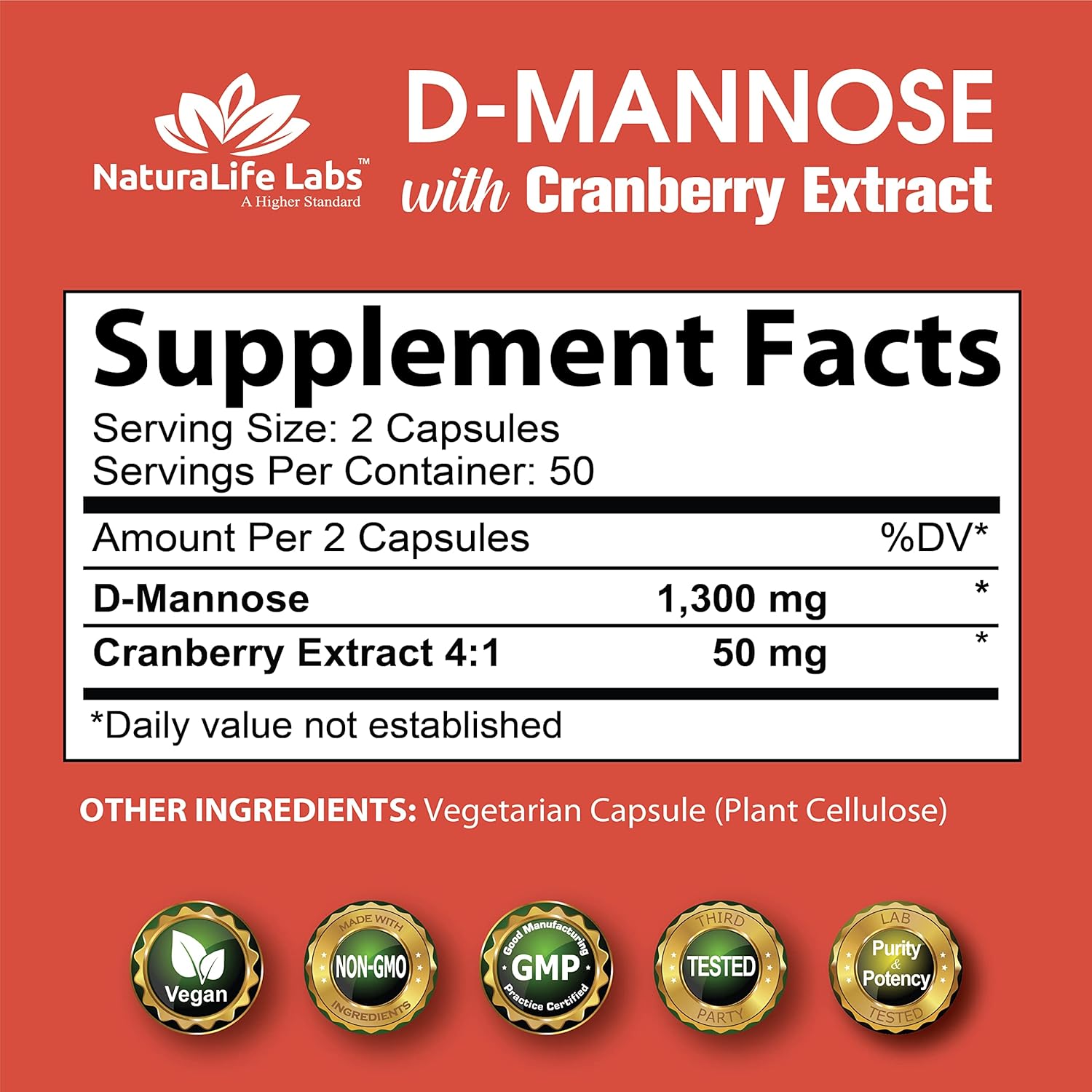 D-Mannose 1,300 mg with Cranberry Extract, 100 Veggie Capsules F8854
