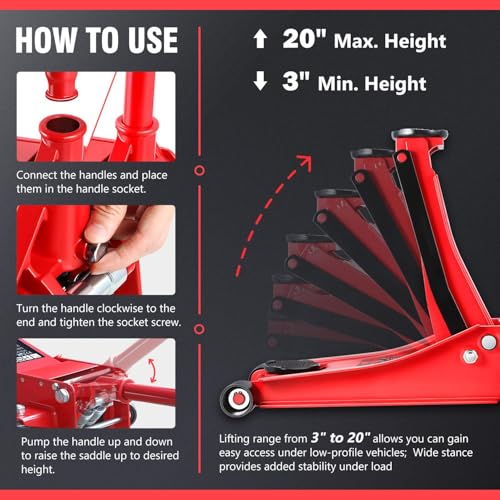 Floor Jack 3 Ton Capacity, Low Profile Heavy Duty Hydraulic Car Jack, Lifting Range 3"-20" O821