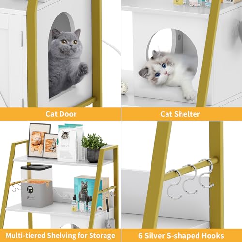 Cat Litter Box Enclosure with Shelves and Charging Station, Wooden Cabinet, Gold White Q367997